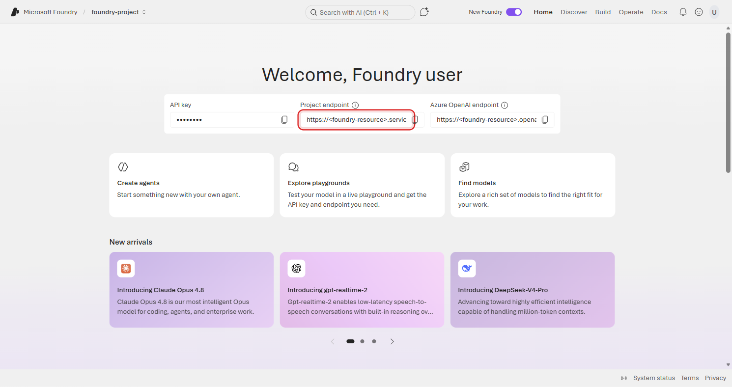 Microsoft Foundry portal home page showing the Welcome message, project endpoint highlighted in a red rectangle, along with API key and region fields