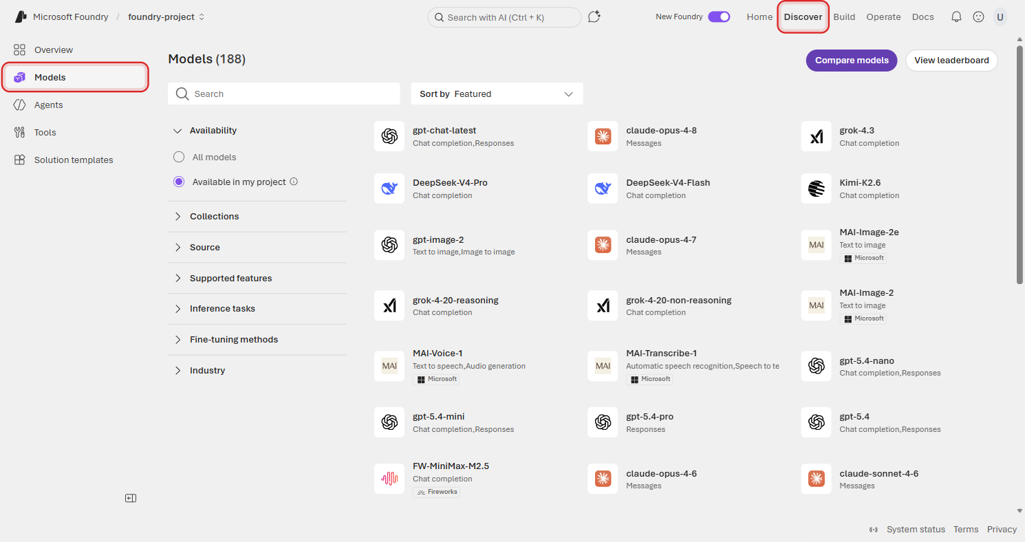 Discover page showing the model catalog with the Models nav item highlighted, displaying featured models from providers like OpenAI, Anthropic, Meta, and DeepSeek