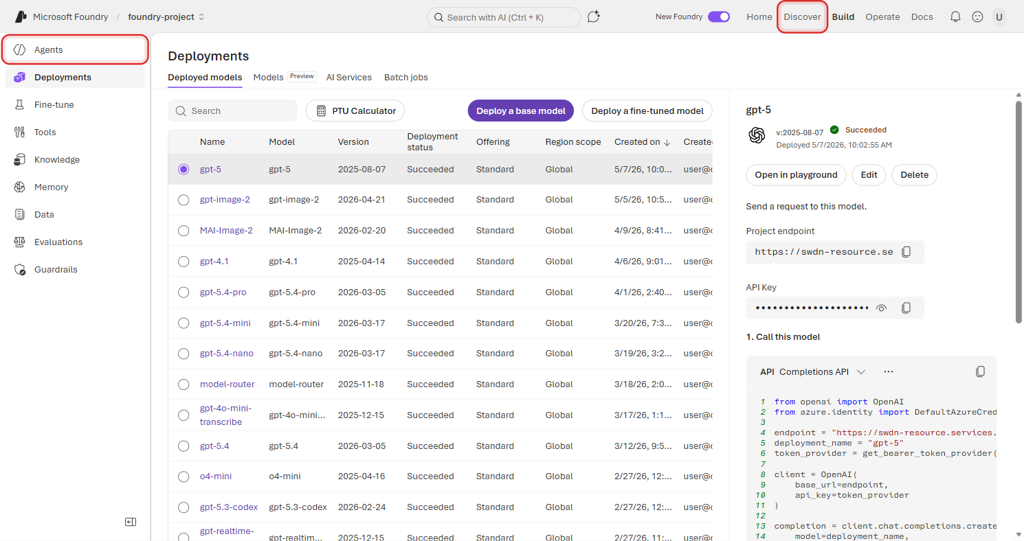 Build section showing the Deployments table with the Agents nav item highlighted in a red rectangle in the left sidebar