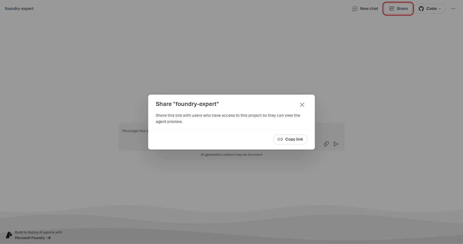 Share foundry-expert dialog explaining that users need project access to view the agent preview, with a Copy link button