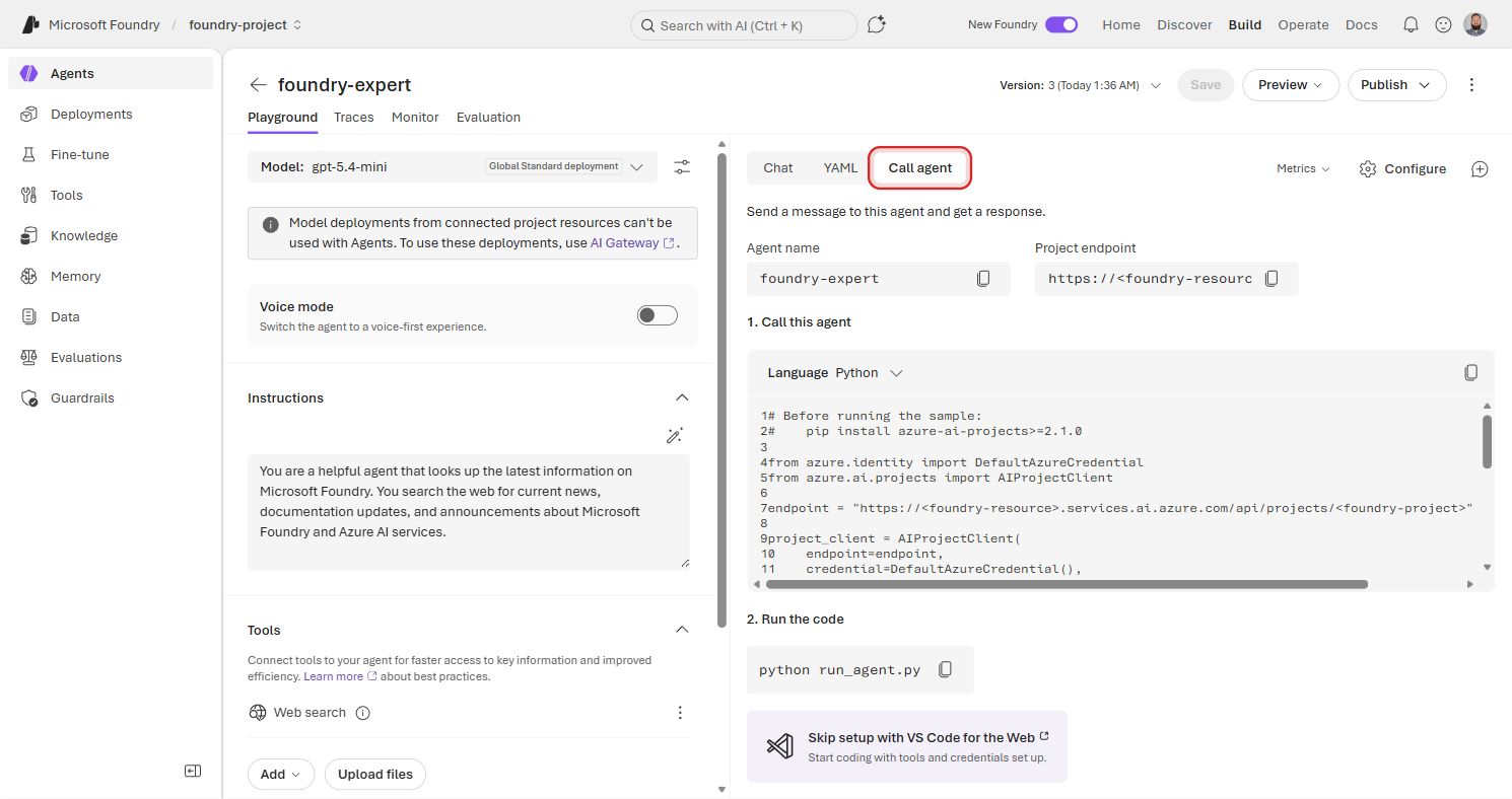Agent playground with the Call agent tab selected, showing Python sample code and the project endpoint placeholder, with the Call agent tab highlighted in a red rectangle