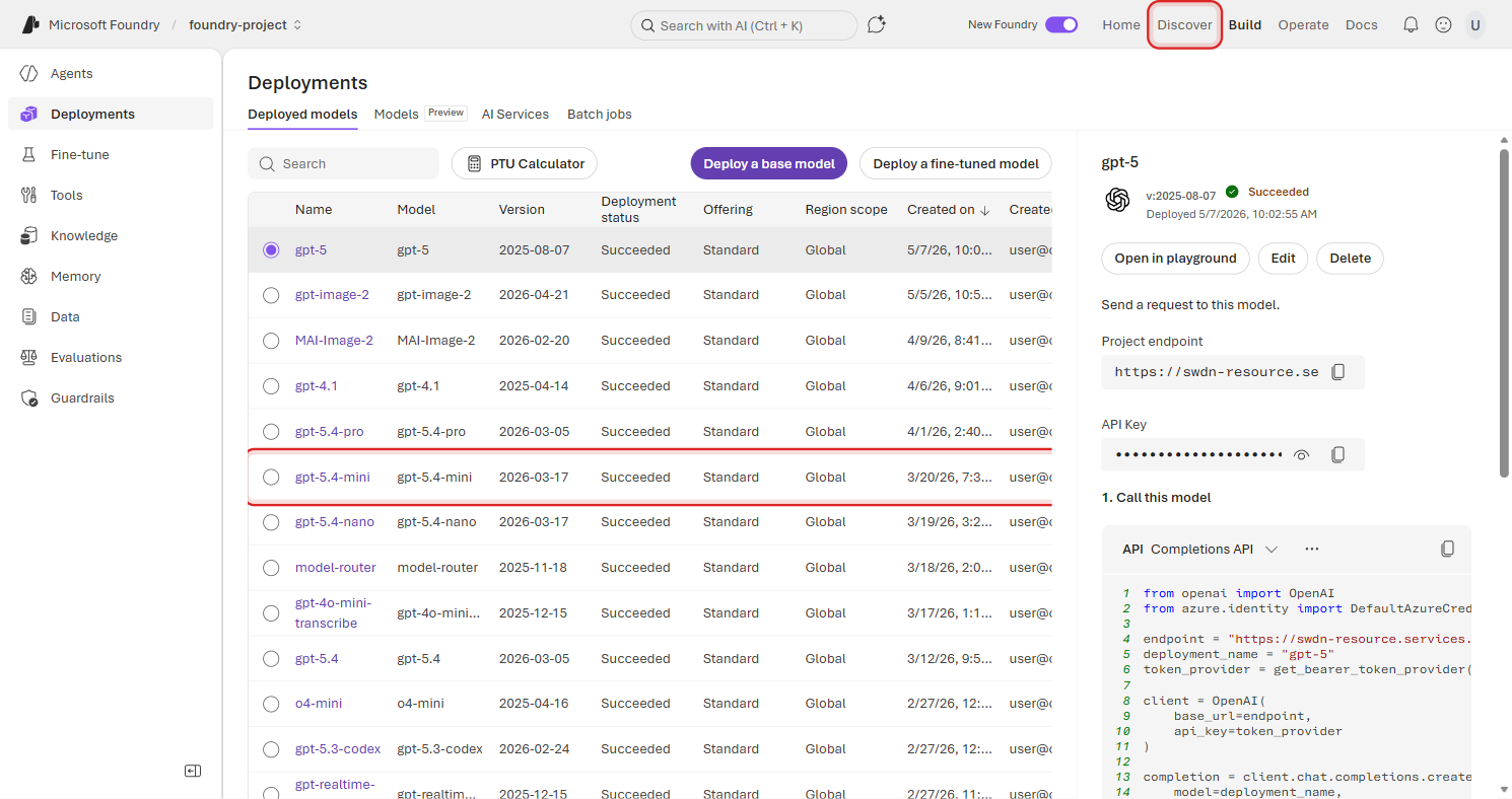 Build > Deployments page showing deployed model rows, with the gpt-5.4-mini deployment row highlighted in a red rectangle