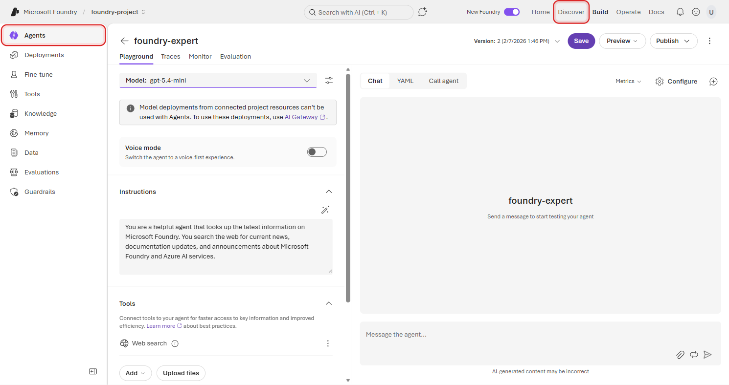 Agent playground for foundry-expert showing the Instructions field populated with system prompt text, gpt-5.4-mini model selected, and Chat, YAML, and Call agent tabs on the right panel