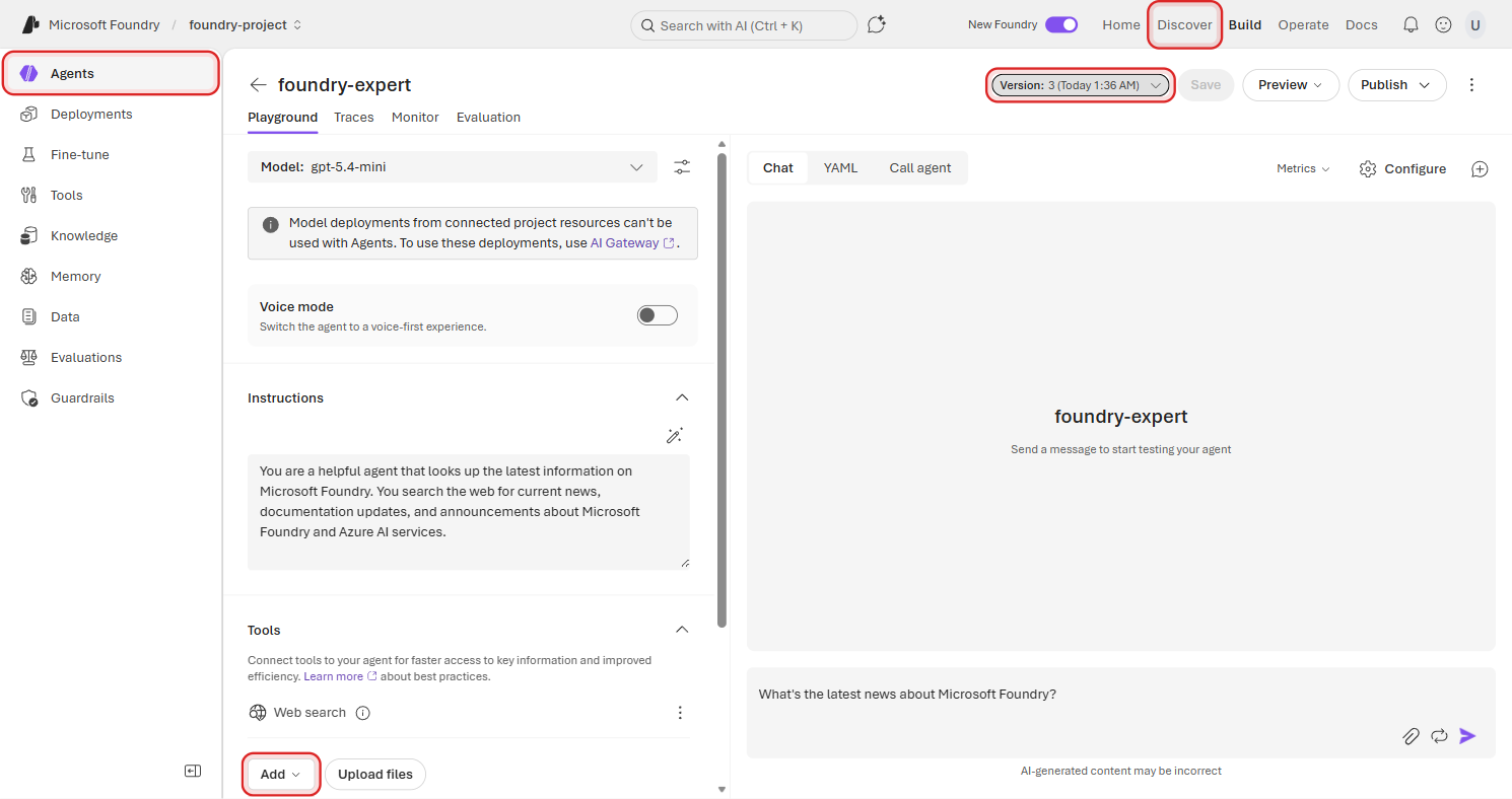 Agent playground with the prompt "What's the latest news about Microsoft Foundry?" typed in the chat input field, ready to send