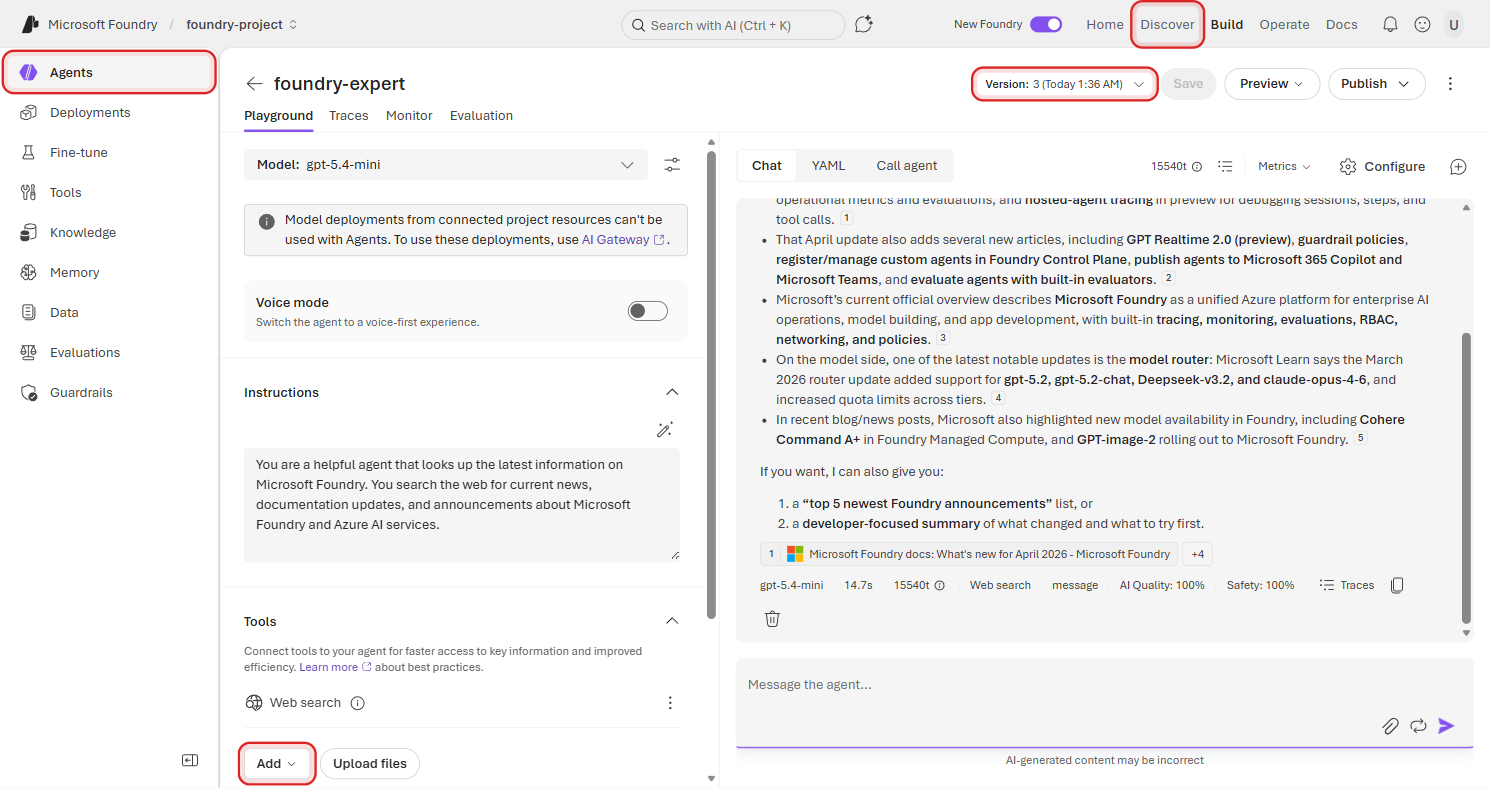 Agent response showing recent Microsoft Foundry news with citations and a response metadata toolbar showing gpt-5.4-mini, token count, Web search, AI Quality, Safety, and Traces