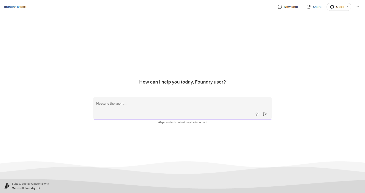 Agent preview page showing a clean chat interface with "How can I help you today, Foundry user?" greeting, message input field, and toolbar with New chat, Share, Code, and Settings buttons
