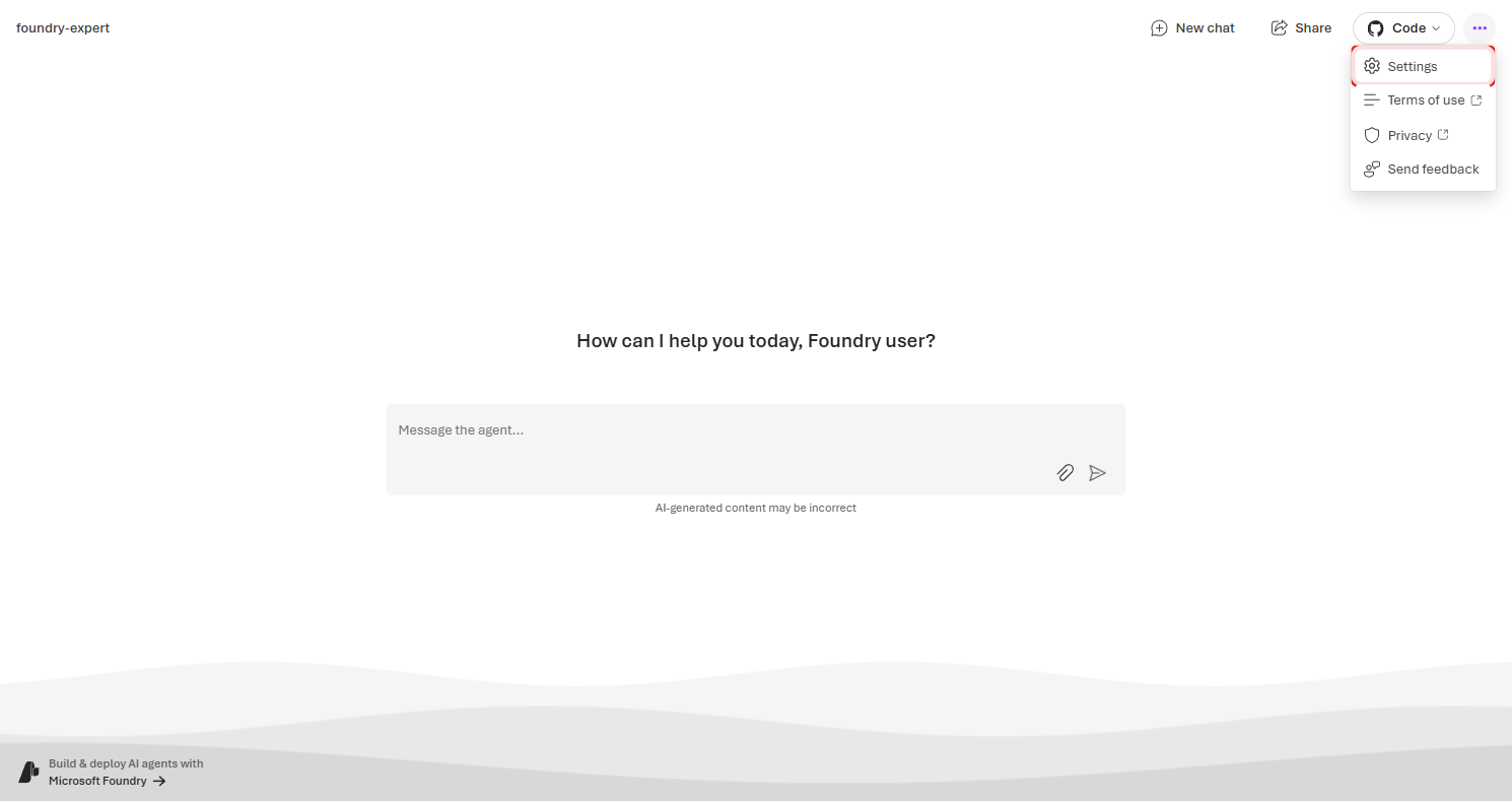 Preview app settings menu open with Settings, Terms of use, Privacy, and Send feedback options