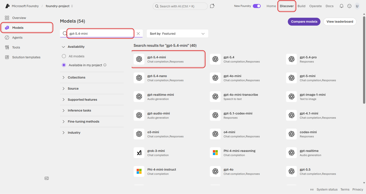 Models page with gpt-5.4-mini typed in the search bar, showing search results with gpt-5.4-mini highlighted as the top result