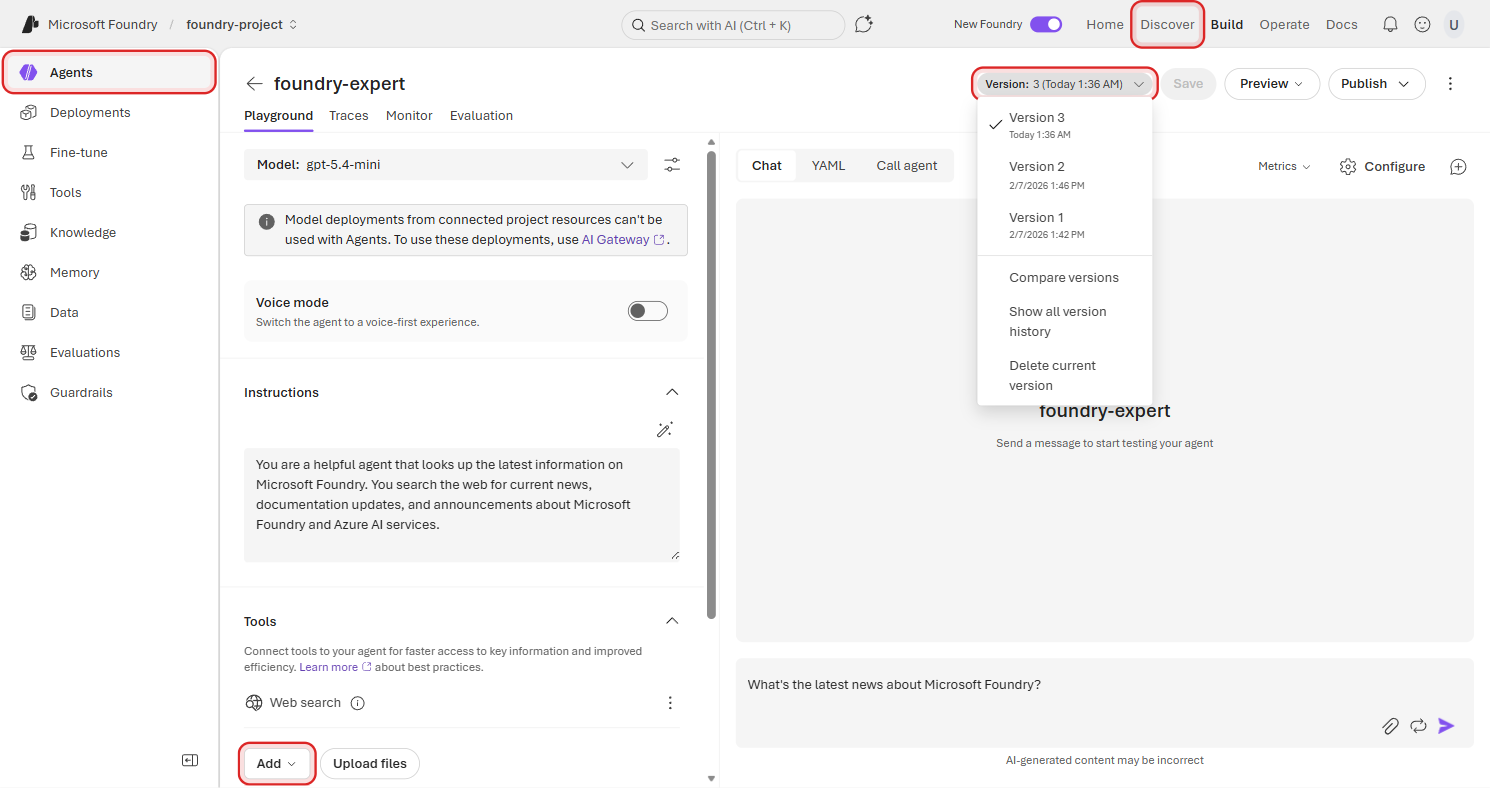 Version dropdown expanded showing Version 3 selected with earlier versions listed below, plus options to compare versions, show all version history, and delete the current version