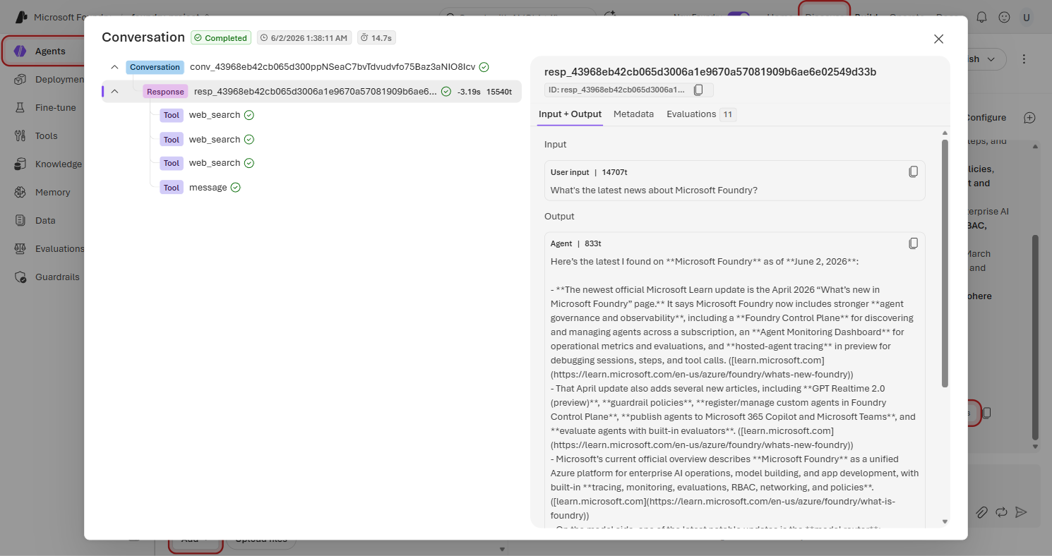 Trace dialog showing a Conversation tree with Conversation, Response, and multiple web_search Tool nodes, with input and output details shown on the right