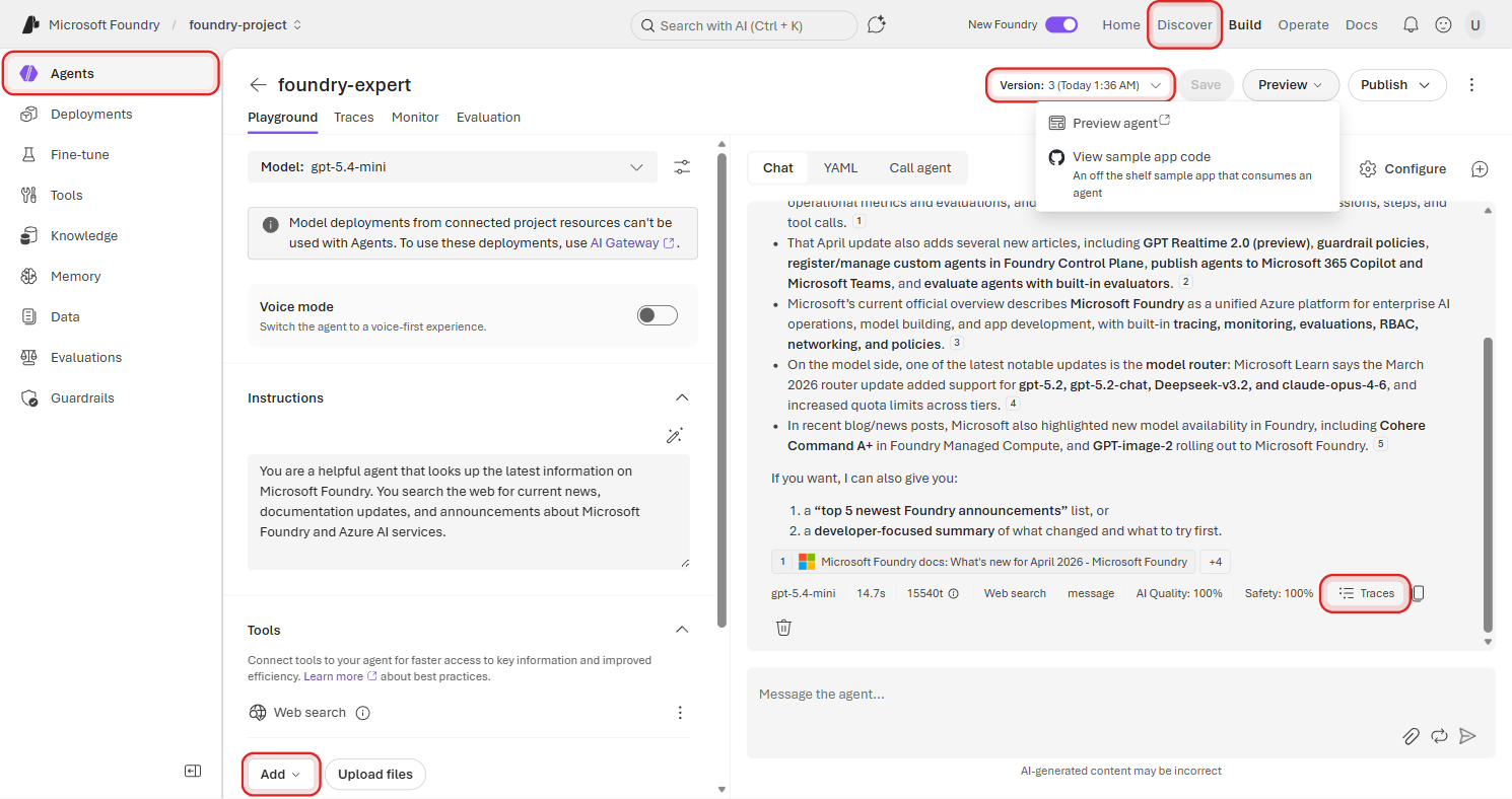 Preview button dropdown expanded showing Preview agent and View sample app code options, with open-in-new-tab and GitHub icons