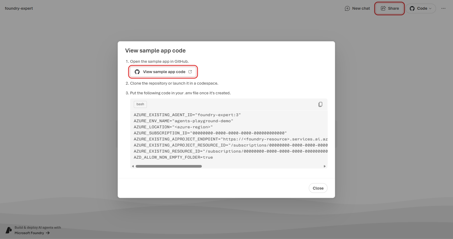 View sample app code dialog showing a GitHub button highlighted in a red rectangle and placeholder environment variables for connecting an app to foundry-expert