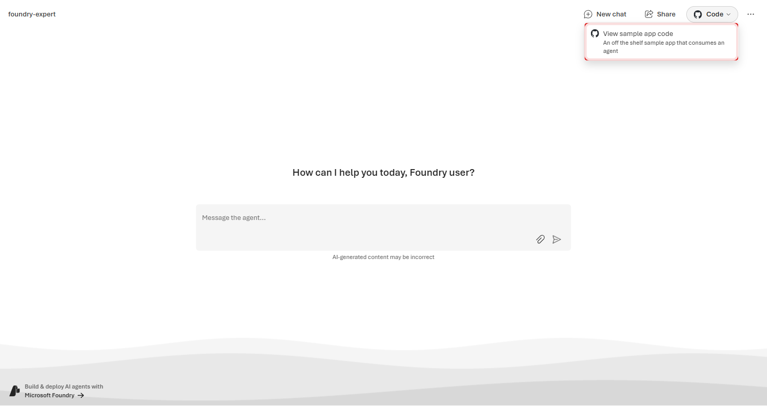Preview page with the Code dropdown open and the View sample app code menu item highlighted in a red rectangle