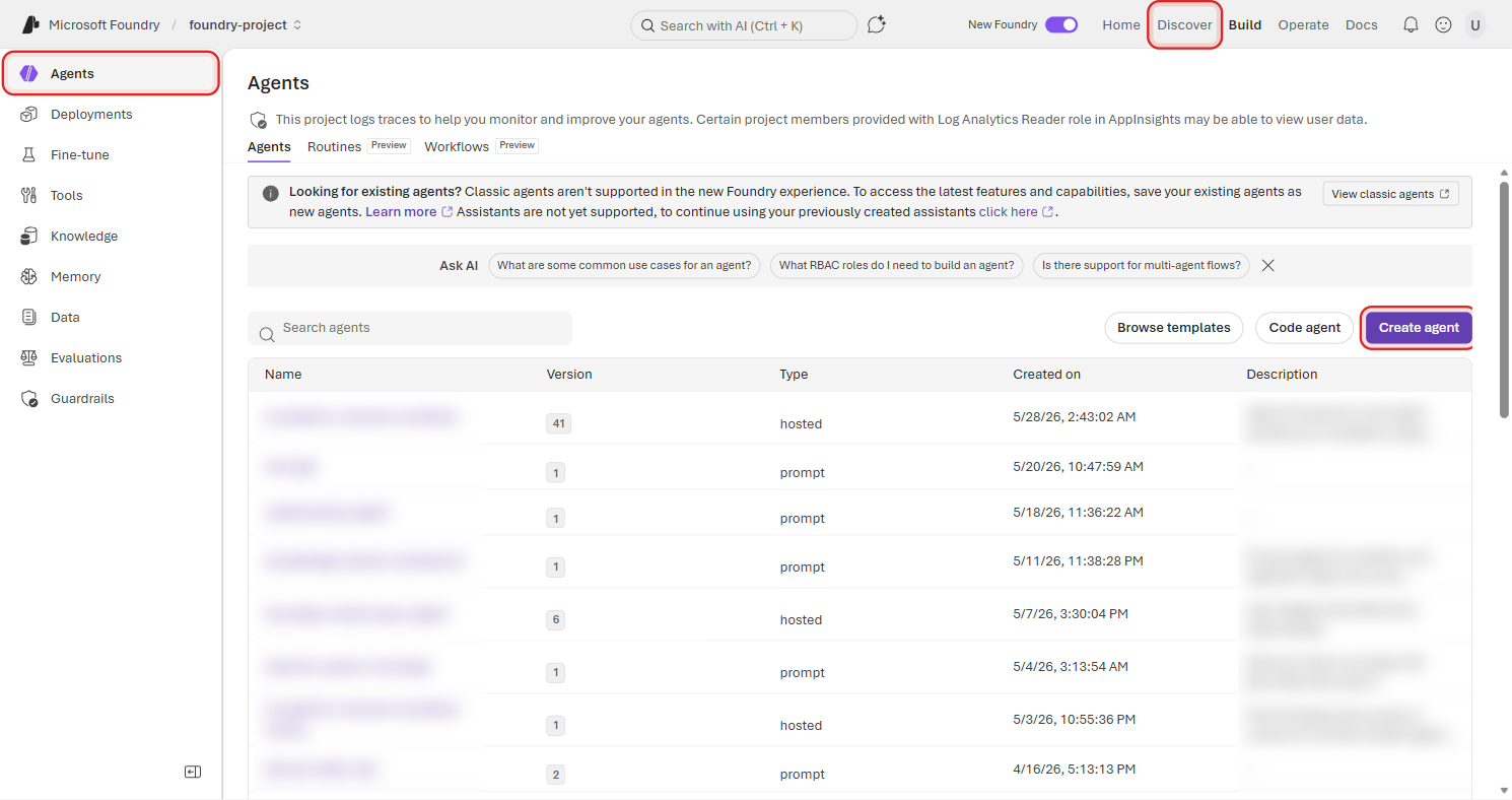 Agents page showing an agents table and a Create agent button highlighted in a red rectangle