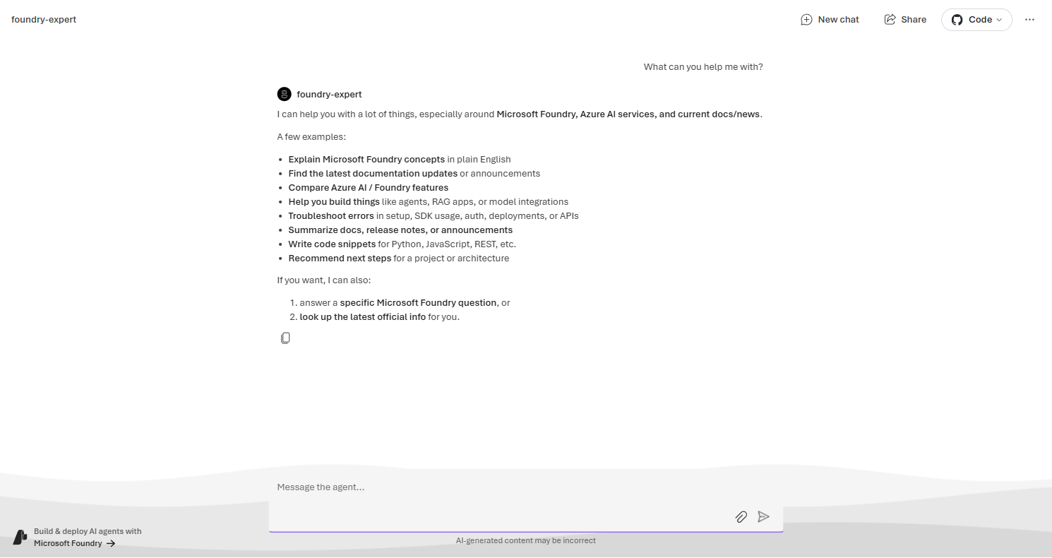 Agent preview page showing a user prompt and a foundry-expert response describing Microsoft Foundry, Azure AI services, docs, troubleshooting, and code help
