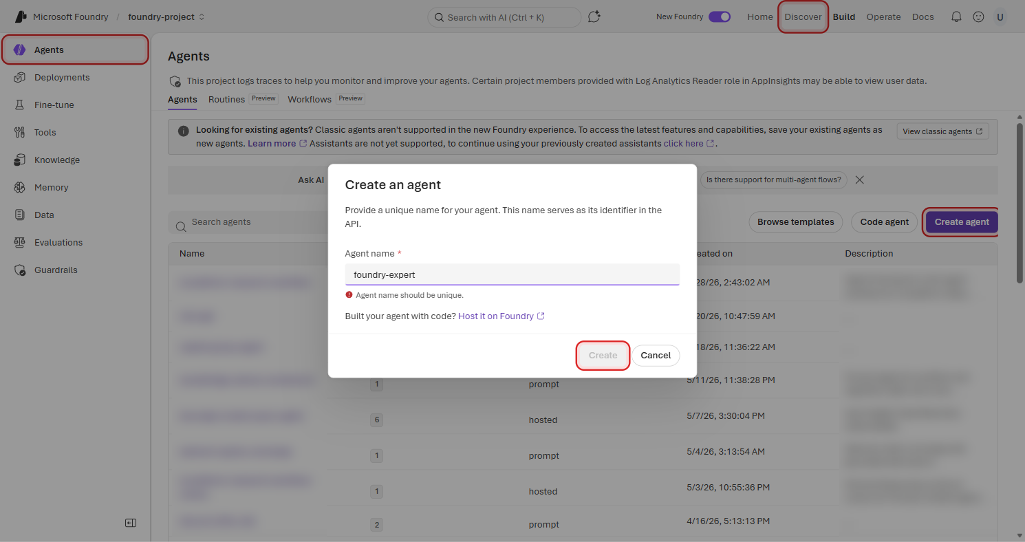 Create an agent dialog with the Agent name field filled in as "foundry-expert" and the Create button highlighted in a red rectangle