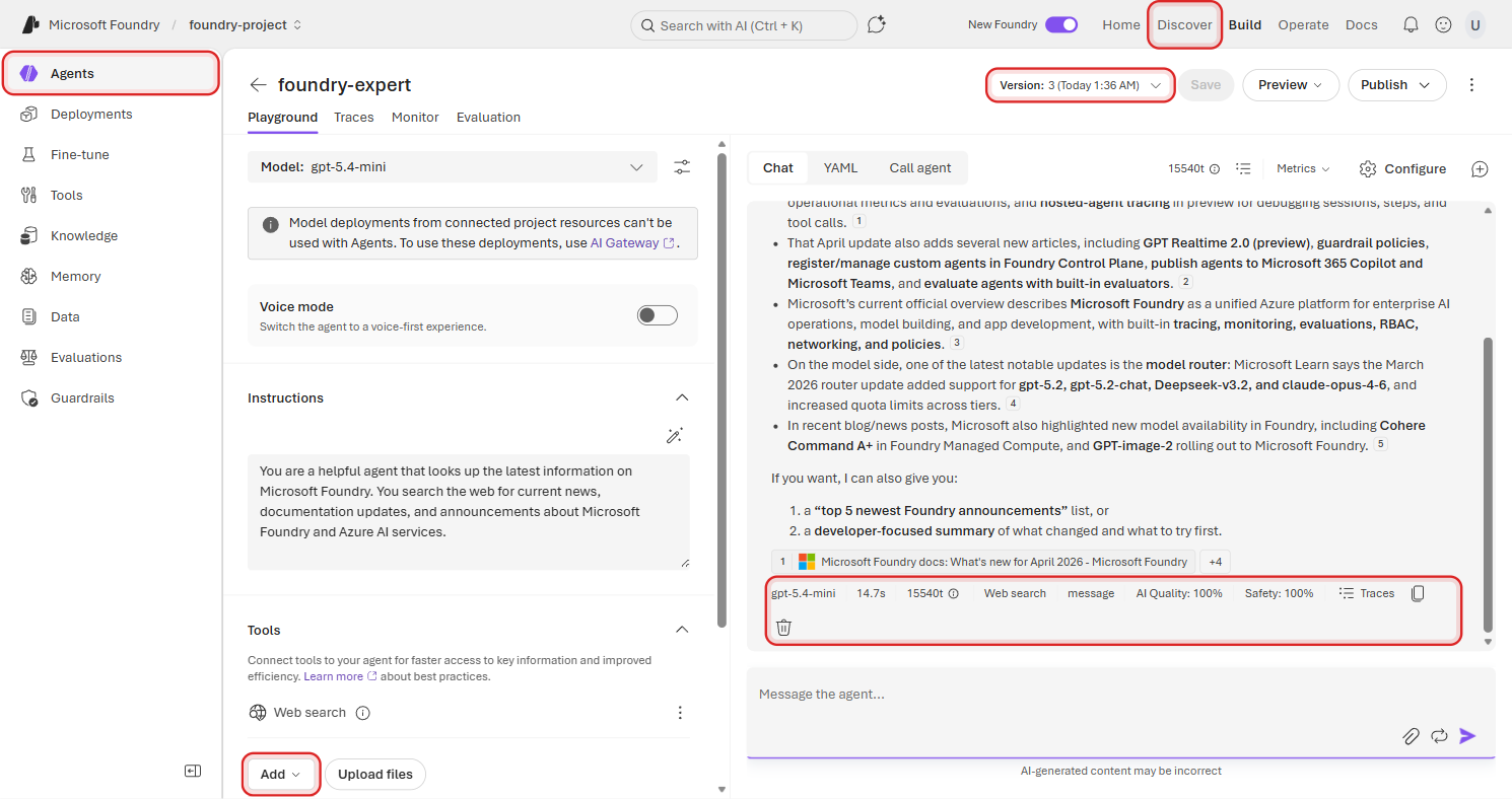 Response metadata toolbar highlighted in a red rectangle showing model gpt-5.4-mini, latency, token count, Web search, AI Quality, Safety, and the Traces button